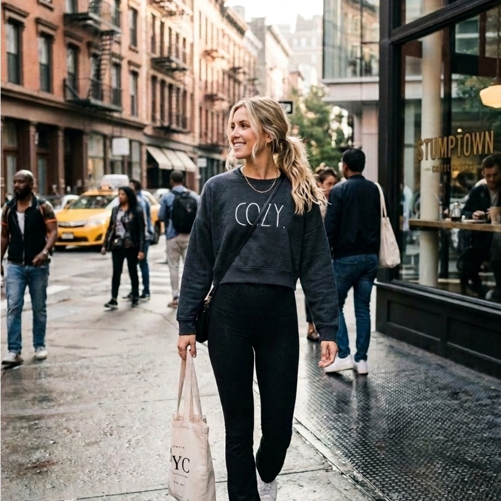 Rae Dunn Dark Charcoal Cropped Crewneck Fleece Sweatshirt Large Size